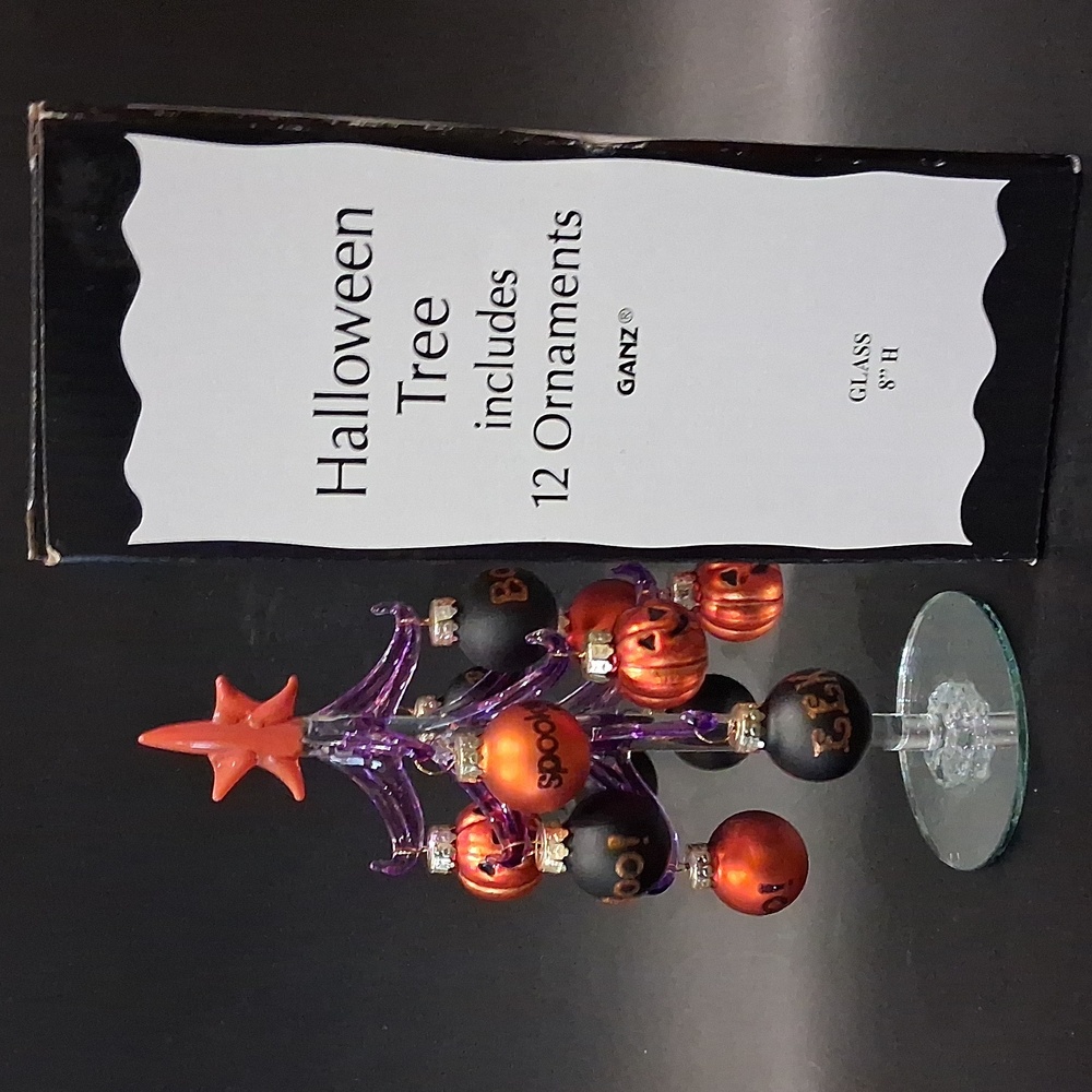 8" Glass HALLOWEEN Tree 12 Ornaments PUMPKINS & GLITTER SAYINGS EH72850